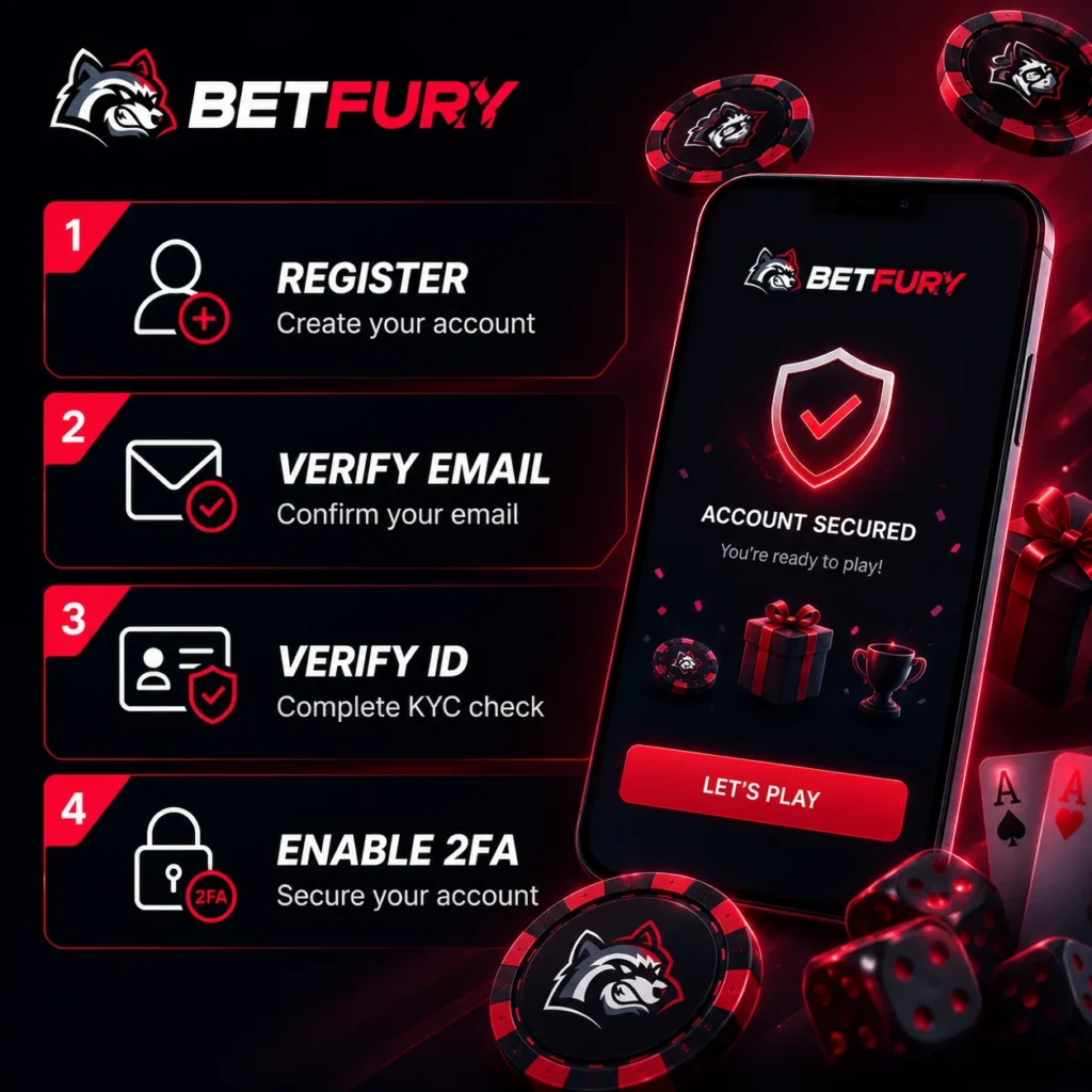 BETFURY registration guide with email verification, KYC and 2FA security steps