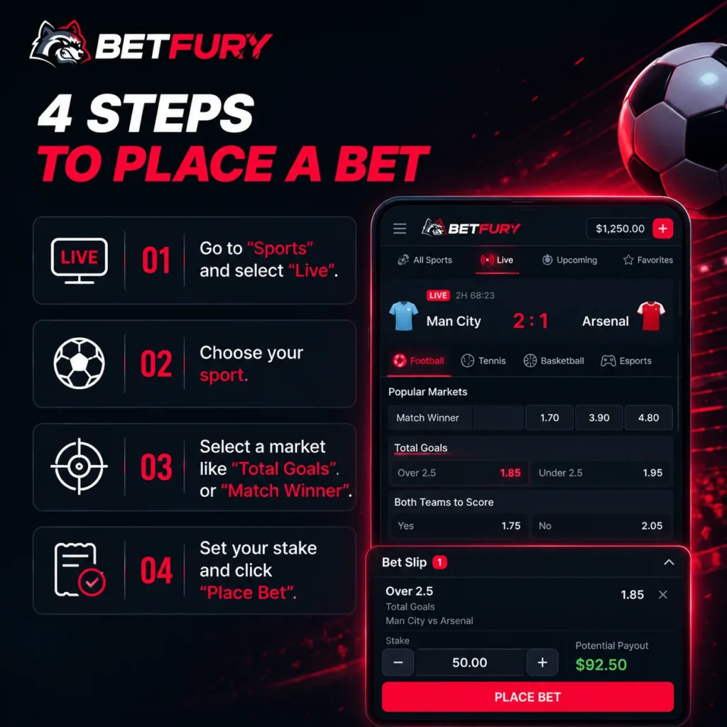 ETFURY live sports betting guide with match selection and bet slip steps