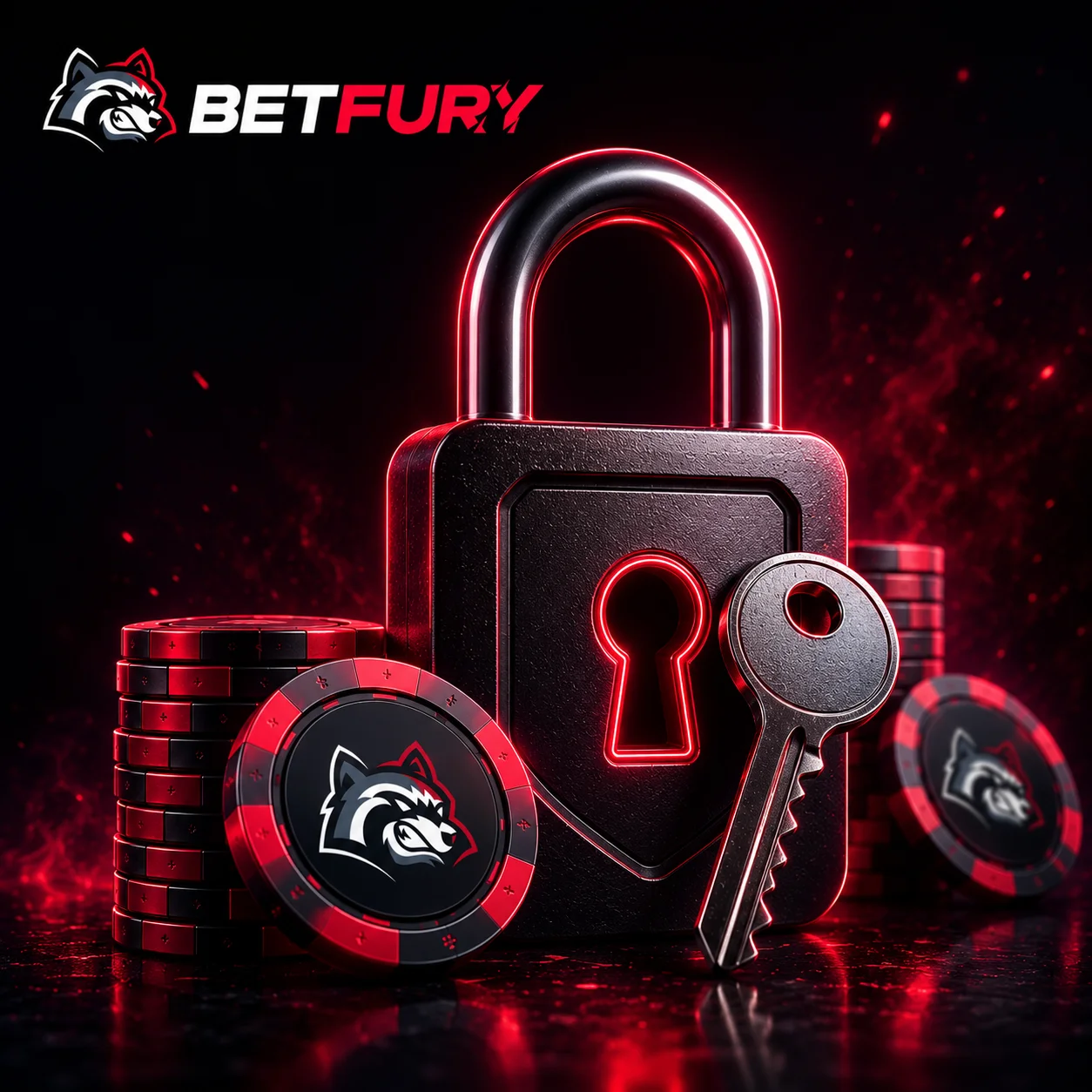 BETFURY lock and key with casino chips in red neon style