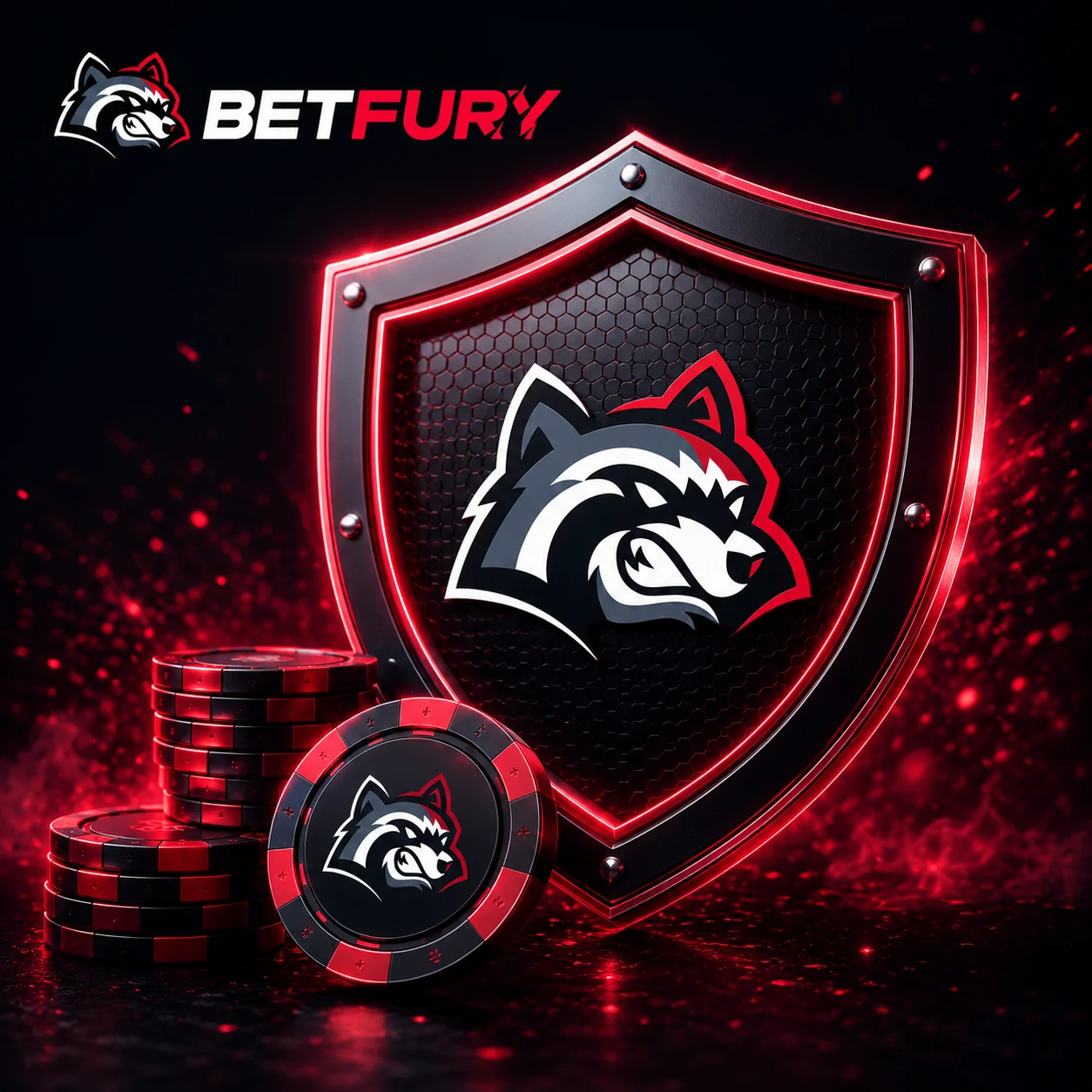 BETFURY security shield with casino chips in red neon style