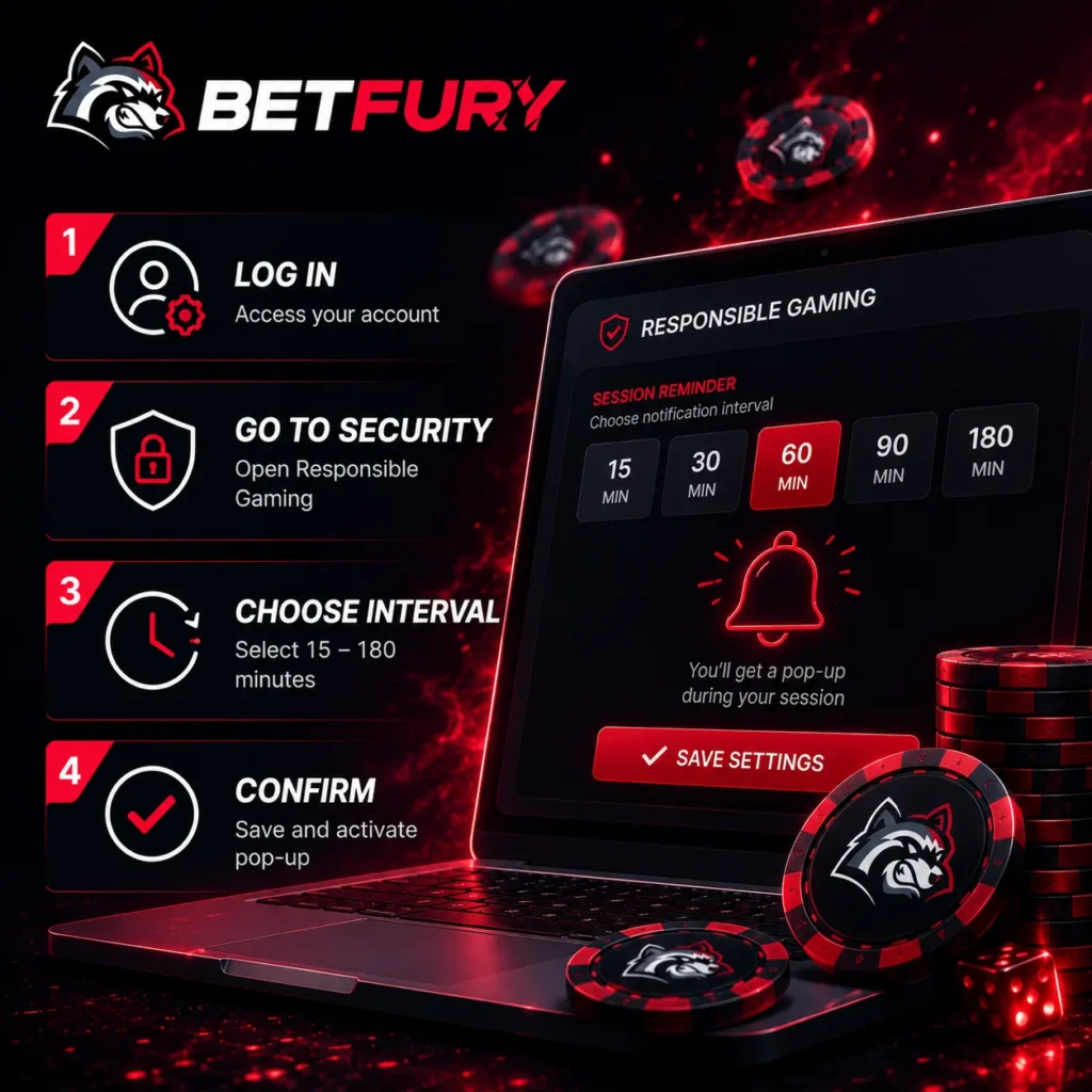 BETFURY session reminder setup with security settings and timer options